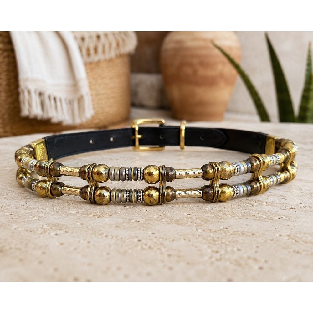 Vintage Boho Gold Beaded Belt | Metallic Gray & Silver Accent Beads